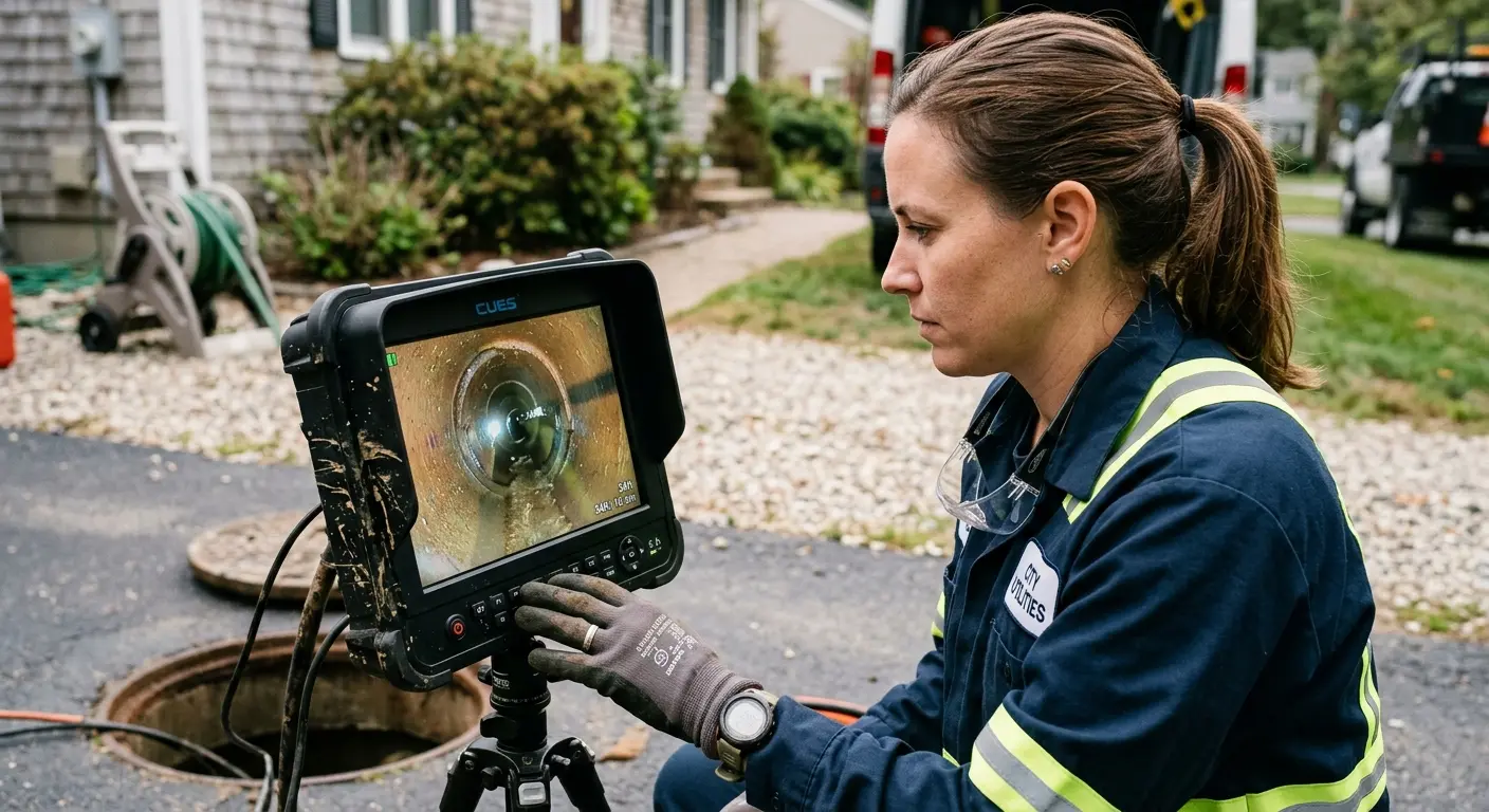 Technician reviewing sewer camera inspection footage in Socorro