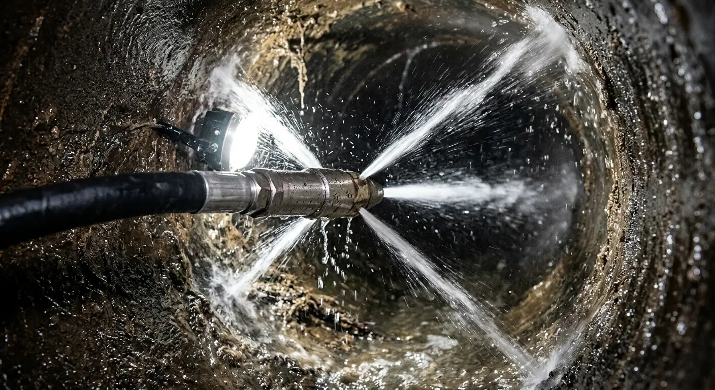 High-pressure hydro jetting nozzle cleaning sewer pipe for Trenchless Sewer Repair in Socorro
