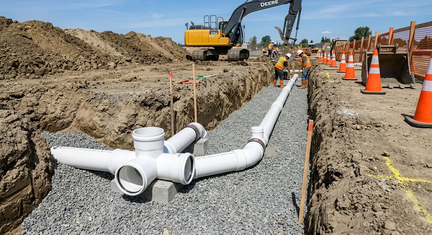 New PVC sewer pipe installation in open trench for Sewer Camera Inspection in Socorro