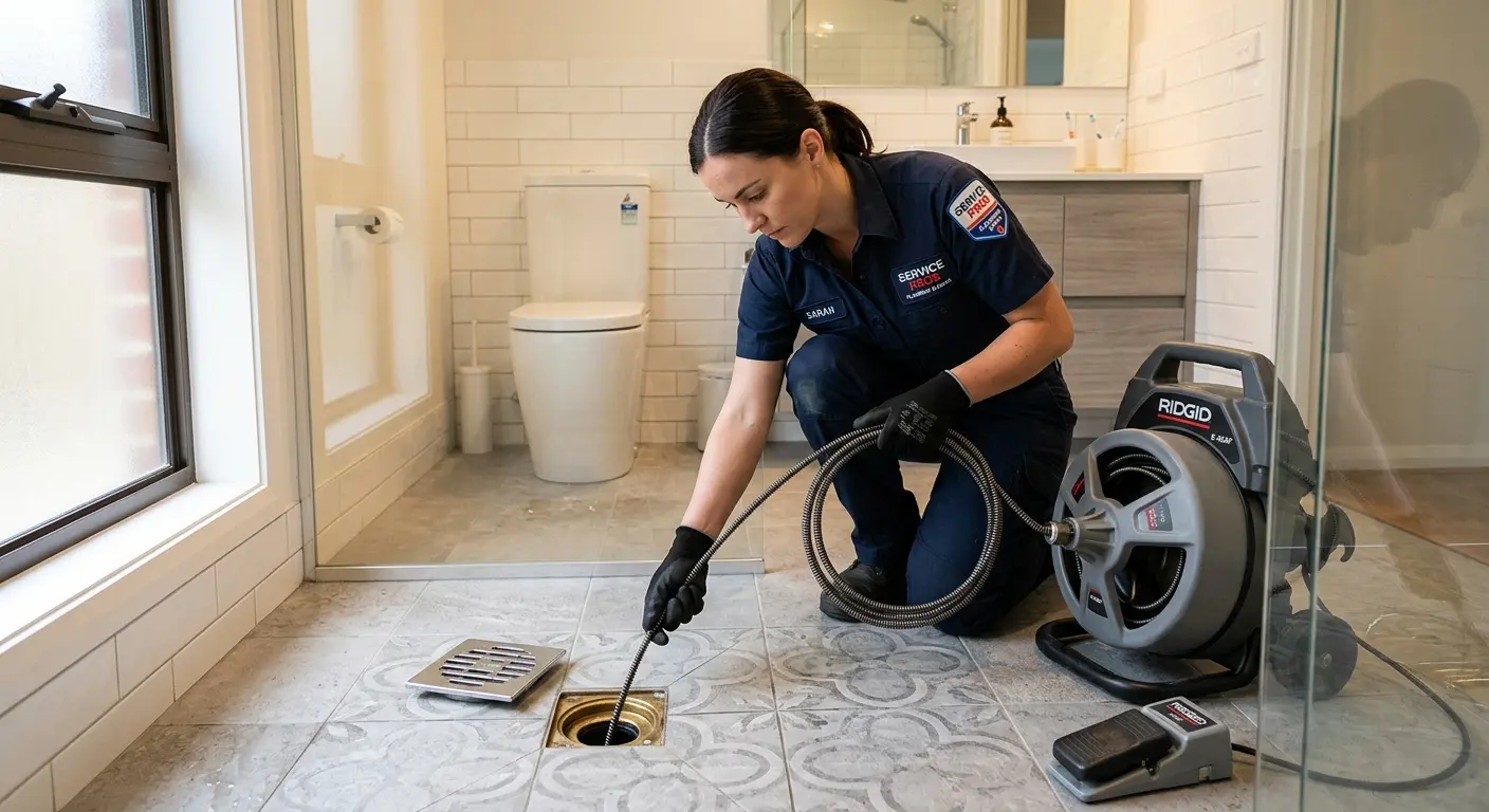 Technician clearing a bathroom floor drain for Drain Cleaning in Socorro